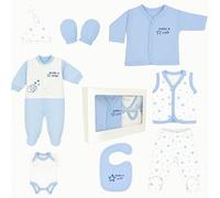 Blue Eyes Ensemble cadeau pour nouveau-né - 100 % coton naturel - Équipement de base - Vêtements pour garçon - Ensemble cadeau pour bébé de 0 à 4 mois - 8 pièces (bleu étoilé)
