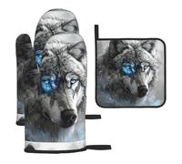 Blue Eyes Wolf Ensemble de gants de cuisine et maniques résistants à la chaleur, utilisés pour la cuisine, la pâtisserie et les grillades