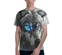 Blue Eyes Wolf Print T-shirt à manches courtes et col rond pour homme Respirant élégant décontracté Vêtements d'été, Noir , XL