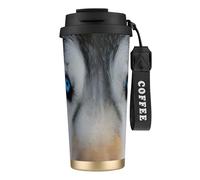 Blue Eyes Wolf Tasse de voyage isotherme à double paroi en acier inoxydable avec couvercle anti-fuite et paille pour boissons chaudes et froides, 500 ml