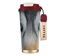 Blue Eyes Wolf Tasse de voyage isotherme à double paroi en acier inoxydable avec couvercle anti-fuite et paille pour boissons chaudes et froides, 500 ml