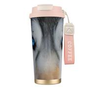 Blue Eyes Wolf Tasse de voyage isotherme à double paroi en acier inoxydable avec couvercle anti-fuite et paille pour boissons chaudes et froides, 500 ml
