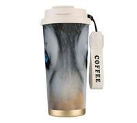 Blue Eyes Wolf Tasse de voyage isotherme à double paroi en acier inoxydable avec couvercle anti-fuite et paille pour boissons chaudes et froides, 500 ml