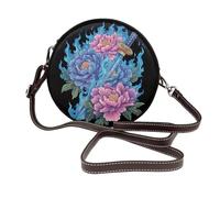 Blue Flames Katana Peony Flowers Sac à bandoulière rond en cuir pour femme