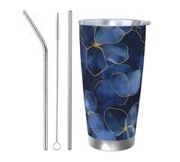 Blue Flower Gold Edge Tasses en acier inoxydable de 591 ml - Gobelet isotherme en acier inoxydable avec couvercle et paille - Bouteille d'eau durable pour boissons froides et chaudes
