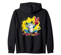 Blue Frog Panneau de Paix rétro Pop Personnage Graphique Jaune Sweat à Capuche
