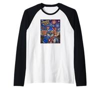 Blue Geai Bird Art on America 250 Drapeau américain 4 Juillet Manche Raglan