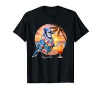 Blue Geai Bird Cocktail hawaïen Vacances d'été Plage Coucher de Soleil T-Shirt