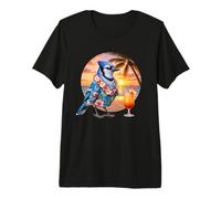 Blue Geai Bird Cocktail hawaïen Vacances d'été Plage Coucher de Soleil T-Shirt Haut de Gamme