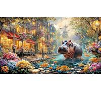 Blue-Hippo-with-Flowers-and-Hearts 1000 pièces Défi de Jeu éducatif Puzzle Idée Cadeau Parfaite Puzzle pour Adultes et Enfants Beau Puzzle de décoration 38x52/1000 pièces