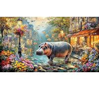 Blue-Hippo-with-Flowers-and-Hearts Papier recyclé Puzzle 1000 pièces Jeu Familial Amusant & Stimulant Beau Puzzle de décoration pour détente et décoration Murale 38x52/1000 pièces