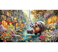 Blue-Hippo-with-Flowers-and-Hearts Papier recyclé Puzzle 1000 pièces Jeux éducatifs Jeu Familial Amusant & Stimulant Idée Cadeau Parfaite pour détente 38x52/1000 pièces