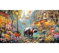 Blue-Hippo-with-Flowers-and-Hearts Puzzle 1000 pièces Extremement Difficile Jeux éducatifs pour Adultes et Enfants Idée Cadeau Parfaite à des Fins de Relaxation 38x26/1000 pièces