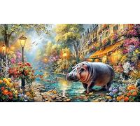 Blue-Hippo-with-Flowers-and-Hearts Puzzle pour Adultes et Enfants 1000 pièces Papier recyclé Puzzle Jeux éducatifs pour activité Maison & Cadeau Amusant Idée Cadeau Parfaite 70x50/1000 pièces