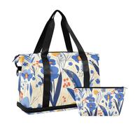 Blue Iris Sac de voyage scandinave moderne avec poche humide Sangle réglable Sac de sport pliable pour homme et femme Fond blanc