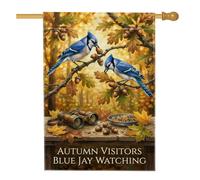 Blue Jay Birdwatching Drapeau de maison sur le thème de l'automne 71 x 101 | Geais bleus, drapeau de cour, feuilles de chêne, glands, jumelles, thème d'observation des oiseaux, texture en bois rustique