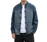 Blue Jean Jacket for Men Chinese Style Denim Jacket Washed Stand Collar Top Casual Jean Coat Outwear Lake Blue Large