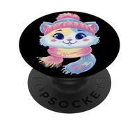 Blue Kitten Winter Portrait Chat Lover Graphic Rose Assorti PopSockets PopGrip Adhésif