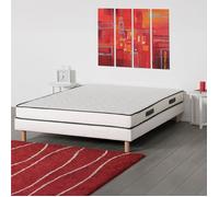 BLUE MOON Lit Complet 140x190 Matelas 15cm Mi-Ferme et Sommier Tapissier, Pin, Pieds Hêtre Massif. Fabrication Belge, 5 ans Gar.