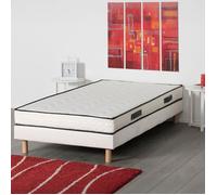 BLUE MOON Lit Complet 90x190 Matelas 15cm Mi-Ferme et Sommier Tapissier, Pin, Pieds Hêtre Massif. Fabrication Belge, 5 ans Gar.