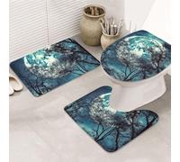 Blue Moon - Lot de 3 tapis de salle de bain en forme de U + tapis de bain antidérapant en microfibre + tapis de couvercle de toilette doux et absorbant pour décoration d'intérieur