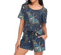 Blue Moth Moon Boho Ensemble pyjama à manches courtes pour femme, Multi632, XXL Taille courte