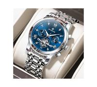 (Blue) Multifunctional Men's Stainless Steel Watch Water-Resistant Quartz Business Watch with Sun-Moon-Star Chronograph Function Men Watch