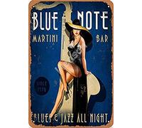 Blue Note Martini Bar Blues Jazz All Night Tin Retro Look 20 x 30 cm Décoration murale pour maison, cuisine, salle de bain, ferme, jardin, garage