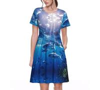 Blue Ocean Robe d'été élégante à manches courtes avec poches latérales pour femme Motif poissons sous-marins, noir, Taille XL