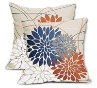 Blue Orange 16x16 Inch Dahlia Flower Pillow Covers, Modern Geometry Floral Linen Square Cushion Case Set of 2, Decor for Home Sofa Couch Bed
