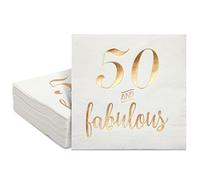 BLUE PANDA Lot de 50 serviettes de table de 50e anniversaire pour femme - Motif doré et fabuleux design - Serviettes cocktail absorbantes à 3 plis pour décoration de 50e anniversaire - 12,7 x 12,7 cm