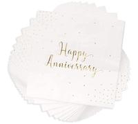 BLUE PANDA Lot de 50 serviettes en papier jetables Happy Anniversary - 12,7 x 12,7 cm, triple épaisseur, feuille dorée élégante - Pour décoration de fête de mariage