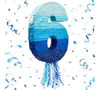 BLUE PANDA Piñata en forme de chiffre 6 pour décoration de fête d'anniversaire de 6 ans | Piñata bleu ombré avec cordon de tirage pour anniversaire de garçon, anniversaire de mariage, fête | 41,9 x