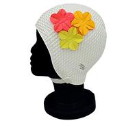 Blue Reef Rome Bubble Bonnet de bain pour femme Motif floral 3 fleurs 3D 3D Couleurs tropicales Élégant Vintage Bonnet de bain Taille unique Adultes avec sangle réglable (Blanc)