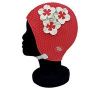 Blue Reef Tokyo Bubble Bonnet de bain pour femme Motif floral classique rétro 3 fleurs 2 couleurs trio de pétales 3D élégant vintage Taille unique pour adulte avec sangle réglable Rouge/blanc