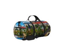 Blue Scenic Summer Panorama Old Town Architecture Sac de sport Sac fourre-tout Sac de sport étanche avec bandoulière Fermeture éclair 2 poches latérales pour homme et femme, sac de voyage et de rangem