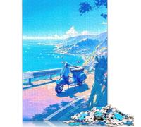 Blue Scooter by The Sea Puzzle 1000 Pieces Cadeau Unique Jeu Éducatif Défi Jouet À De Qualité Supérieure Peinture Art pour Adultes Et Enfants À Partir De 14 Ans 1000pcs (38x26cm)