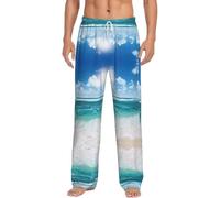Blue Sky Pantalon de pyjama chaud en flanelle douce avec poches pour homme Motif paysage marin tropical, Noir , 4XL