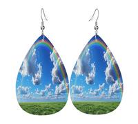 Blue Sky Rainbow Boucles d'oreilles en cuir en forme de larme pour femme - Boucles d'oreilles pendantes légères en PVC avec crochets en argent 925, imprimés double face | Cadeau hypoallergénique