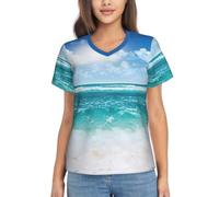 Blue Sky Tropical Seascape Print Respirant Femmes Col V Manches Courtes Tee, Casual Basique Printemps Mode Summer Chemises Mode 2026, Noir , M