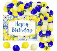 Blue Tile Lemon Birthday Decorations for Boys and Girls, Capri Lemon Balloon Garland Arch Kit with Happy Birthday Banner, Lemon Birthday Party Supplies