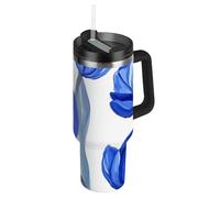 Blue Tulipa Bouteille d'eau sous vide à large goulot avec poignée et couvercle à paille Motif peinture à l'huile Fond blanc Tasse décorative avec couvercle pour école, sport, garderie, camping et plus