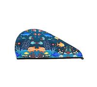 Blue Underwater World of Fish Coral Velvet Dry Hair Cap for Women Hair Caps with Buttons for Curly Long & Thick Hair Anti Frisottis