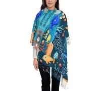 Blue Underwater World of Fish Écharpe en cachemire pour femme Automne Hiver Écharpe à pompons Long tricot Châle Couverture douce et chaude pour toutes les tenues