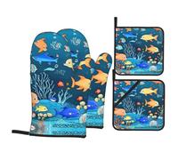 Blue Underwater World of Fish Lot de 4 gants de cuisine et maniques imprimés pour four et barbecue