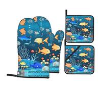 Blue Underwater World of Fish Lot de 4 maniques et maniques imperméables et durables pour la cuisine, la pâtisserie.