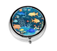 Blue Underwater World of Fish Mini pilulier rond, léger et portable, avec 3 inserts en plastique, convient pour le transport dans les poches ou les portefeuilles.