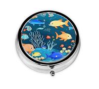 Blue Underwater World of Fish Mini pilulier rond, peut être mis dans un portefeuille, une poche, léger et pratique, 3 compartiments, pilulier portable,