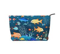 Blue Underwater World of Fish Trousse de maquillage en velours côtelé portable à fermeture éclair pour femme Convient pour les voyages et le stockage quotidien des produits cosmétiques, noir, taille