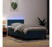 Blue Velvet Bed Frame with LED Lights and Mattress Set 90x210 cm, Adjustable Headboard, Pocket Spring Mattress, Dark Blue Bedroom Furniture for Modern Home